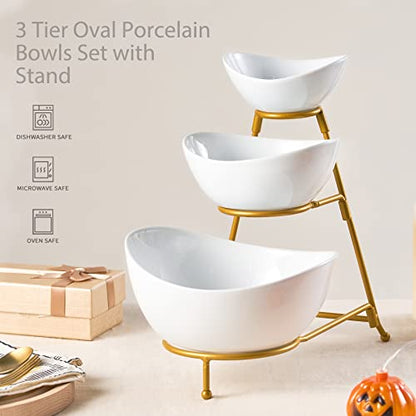 LYEOBOH 3 Tier Serving Bowls Set Tiered Serving Stand, Porcelain Oval Bowls with Collapsible Metal Stand for Entertaining, Party, Dessert Display, Candy, Chip and Dip (Gold)-45oz / 17.5oz / 7oz - color: Gold, style: Oval bowls
