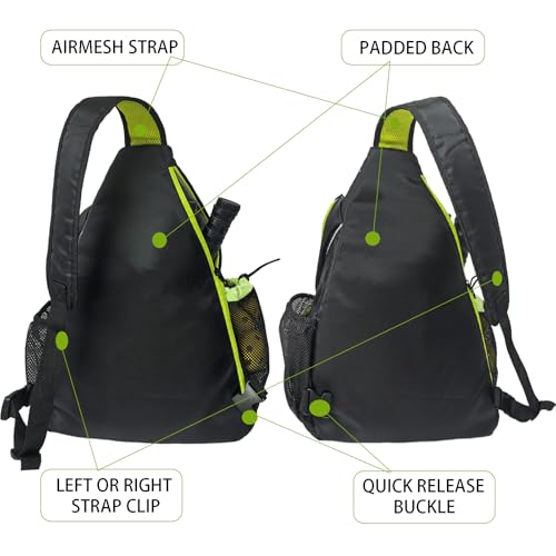 Pickleball Sling Bag with Shoe Compartment - Crossbody Backpack Fits 2 Paddles, 32oz Bottle & Fence Hook, Sports Bag for Men & Women (Shoe Limit: up to US Men's 10 / Women's 11.5) - color: Black/Neon Green