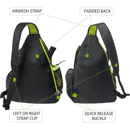 Pickleball Sling Bag with Shoe Compartment - Crossbody Backpack Fits 2 Paddles, 32oz Bottle & Fence Hook, Sports Bag for Men & Women (Shoe Limit: up to US Men's 10 / Women's 11.5) - color: Black/Neon Green