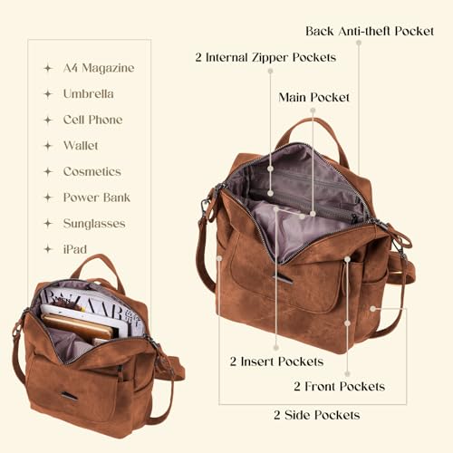 Backpack Purse for Women, Women Backpack Purse Small Leather Waterproof Anti-theft Shoulder Bags Handbags Ladies - color: Caramel