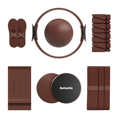 BetterMe Pilates Studio Kit – Pilates Ring, Pilates Ball, Resistance Bands & Sliders – Complete Pilates Equipment Set for Women – Home & Studio Pilates Workout Kit - color: Chocolate Brown