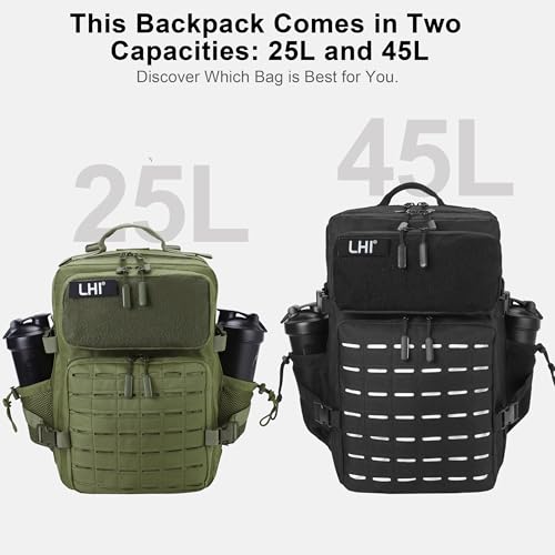 LHI Tactical Military Backpack for Men 25L/45L Large Molle Army Assault Pack 3 Day Hiking Rucksack With Bottle Holder - color: Green With Bottle Holder, size: 25L