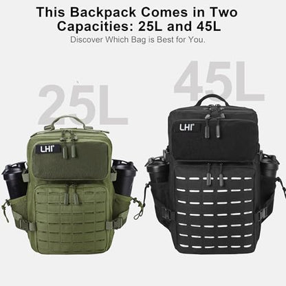 LHI Tactical Military Backpack for Men 25L/45L Large Molle Army Assault Pack 3 Day Hiking Rucksack With Bottle Holder - color: Green With Bottle Holder, size: 25L