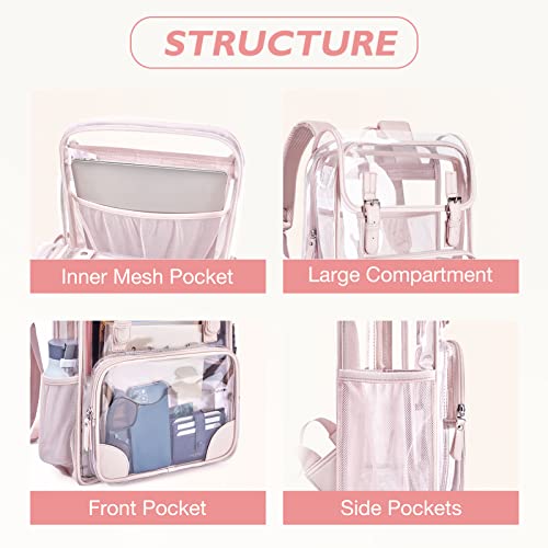 mommore Clear Backpack for School Heavy Duty PVC Transparent Bookbag for Girls Stadium Approved See Through Backpack - color: Pink, style: Clear Backpack