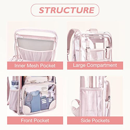 mommore Clear Backpack for School Heavy Duty PVC Transparent Bookbag for Girls Stadium Approved See Through Backpack - color: Pink, style: Clear Backpack