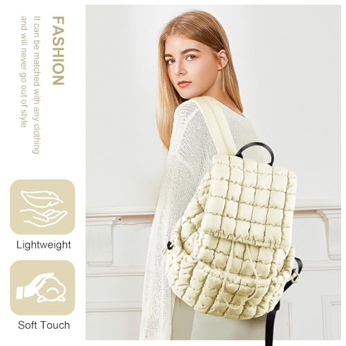 izuzta Quilted Puffer Backpack for Women, Lightweight Soft Nylon Quilted Hiker Pack, Trendy Puffy Padding Gym Backpack, Travel Bag for Casual Daypack Hiking Sport (Beige) - color: Beige