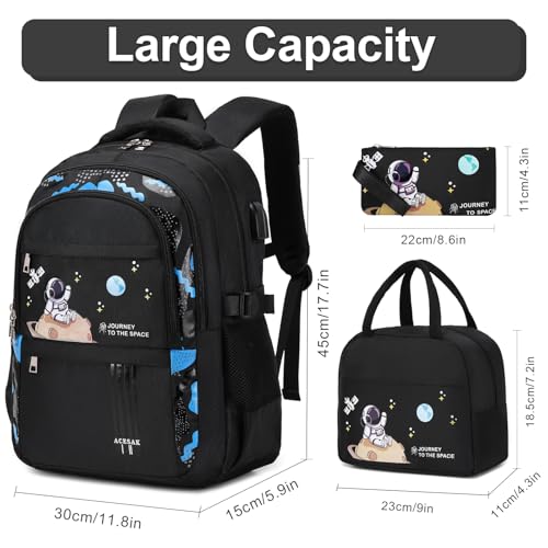 ACESAK Backpack for Boys - Boy Backpack Schoolbag for Boys Kids Children Teens Girls Elementary Middle School Bags, Waterproof Lightweight Kids Bookbag Backpacks Casual Daypack with Lunch Bag Set - color: Black