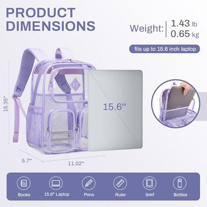 Clear Backpacks for School Heavy Duty Clear Bookbag Stadium Events Transparent Back Pack Girls Women, Purple - color: Purple