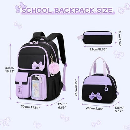 Girls Backpack, School Backpack for Girls, Cute Bow Kids Bookbag for Grils Children Teens for Elementary Middle High School Student, Back To School, Black Purple 3pcs - color: Black Purple-3pcs