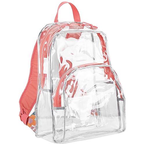 Eastsport Clear Backpack See Through Transparent Heavy Duty for Travel, Security, Airports, Hiking, Cycling, Sporting Events Orange Coral Flowers - color: Clear/Coral/Flowers