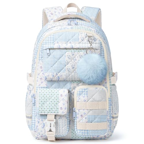 Quilted Backpack for Teen Girls,Cute Blue Patchwork School Backpack with Multi-Pocket Design,Lightweight Cotton Bookbag Fits 15.6" Laptop,Large Capacity Aesthetic Backpack with Plush Charm - color: Blue Green Patchwork