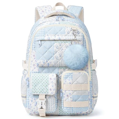 Quilted Backpack for Teen Girls,Cute Blue Patchwork School Backpack with Multi-Pocket Design,Lightweight Cotton Bookbag Fits 15.6" Laptop,Large Capacity Aesthetic Backpack with Plush Charm - color: Blue Green Patchwork