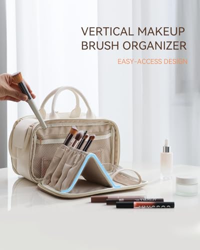 Prite Large Makeup Bag, Waterproof Travel Cosmetic Case with Brush Holder - color: Beige, size: Medium