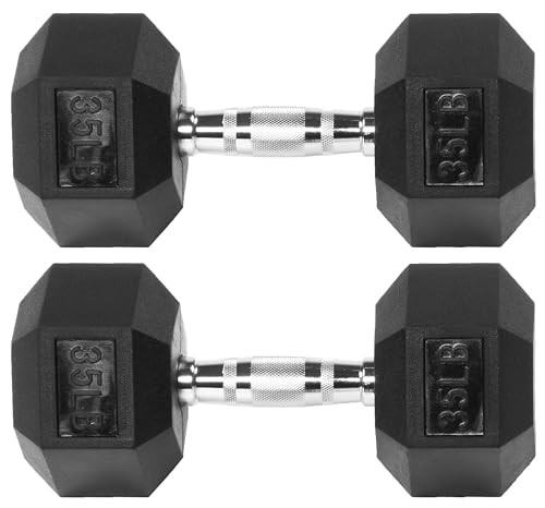 Fitvids Rubber Encased Hex Dumbbell – 35LB – 35LB Pair – Black