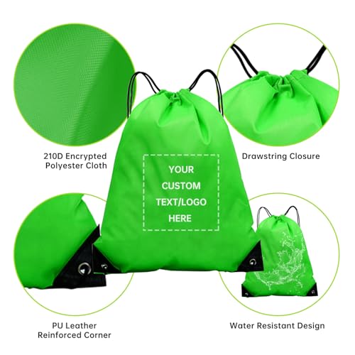 JEOHLORY pack of 50 Custom Bags With Your Logo,Drawstring Backpacks Bulk String Bag,Great for Travelling, Gym and for Everyday Use (Custom Green) - color: Custom Green