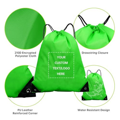 JEOHLORY pack of 50 Custom Bags With Your Logo,Drawstring Backpacks Bulk String Bag,Great for Travelling, Gym and for Everyday Use (Custom Green) - color: Custom Green
