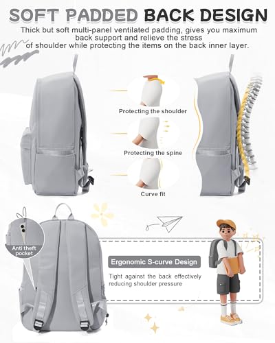 BJLFS Light Grey Cute School Backpack with Laptop Compartment Small Travel Laptop Backpack for Women Men Waterproof College Backpack Simple School Bag for Teens Girls Boys - color: Light Grey