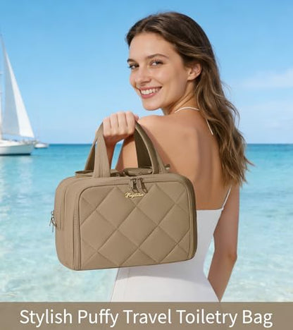 Travel Toiletry Bag, Large Wide-open Puffy Makeup Bag for Women Khaki - color: Khaki