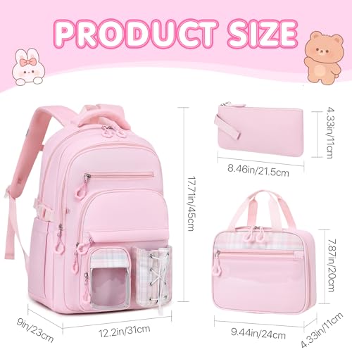 GeeWin Girls Backpack for School with Lunch Box & Pencil Case Set, 17 Inch Stylish Plaid Girls Bookbag with Lots of Pockets for Kids, Teens, Elementary Middle High College School Student (Pink) - color: Pink