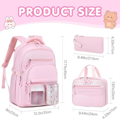 GeeWin Girls Backpack for School with Lunch Box & Pencil Case Set, 17 Inch Stylish Plaid Girls Bookbag with Lots of Pockets for Kids, Teens, Elementary Middle High College School Student (Pink) - color: Pink
