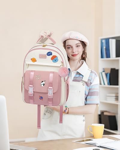 LOVEVOOK School Backpack for Teen Girls, Cute Student Backpack Purse Kid Bookbag for 14-16 Teenage, Back to School Backpacks Fit 15.6 Inch Laptop, Large College Travel Bag, Beige-Pink
