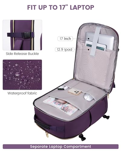 LOVEVOOK 40L Travel Backpack for Women & Men, Airline Approved Carry On Luggage with 3 Packing Cubes, TSA Overnight Bags, Waterproof Personal Item Bag, Weekender Essentials Backpacks fits 17" Laptop - color: Purple-beige-black, size: Large