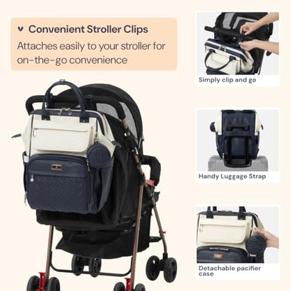 BabbleRoo Leather Diaper Bag Backpack, Multifunction Large Bags with Changing Pad & Stroller Straps Pacifier Case, Unisex Stylish Travel Back Pack Nappy for Moms Dads (Blueberry Cream) - color: Vegan Leather, Blueberry Cream