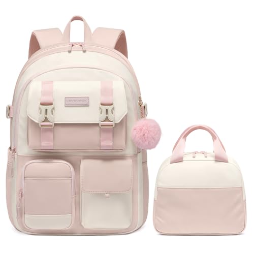 LOVEVOOK Kids Backpack for Girls - School Bags for Middle School Students 6-16 years old,Backpack for School Girl Boy Kid - color: Pink-white-lunch Bag, size: 15.6 inch-lunch bag