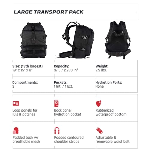 FOX OUTDOOR PRODUCTS Large Transport Pack | 37L Tactical Backpack with Compression Straps, Hydration Pocket & Modular Webbing - color: Black