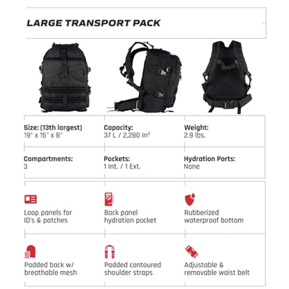 FOX OUTDOOR PRODUCTS Large Transport Pack | 37L Tactical Backpack with Compression Straps, Hydration Pocket & Modular Webbing - color: Black