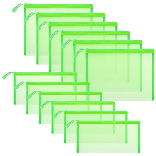 12 Pieces Zipper Nylon Mesh Pouch, Mesh Cosmetic Bags Makeup Bags Pencil Case, Multipurpose Travel Bags for Cosmetic School Office Supplies and Travel Accessories (Green, A5+B6) - color: Green, size: A5+B6