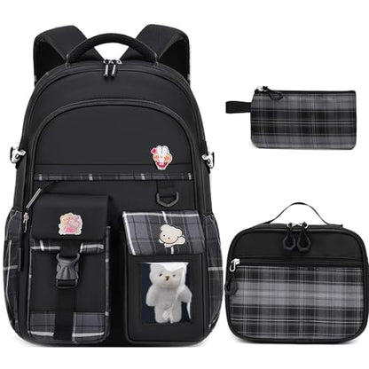 Girls Backpack with Lunch Box Cute School Backpack for Girls Kids Teens Kawaii Bookbag Set for Primary Elementary，Black - color: Black