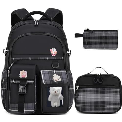 Girls Backpack with Lunch Box Cute School Backpack for Girls Kids Teens Kawaii Bookbag Set for Primary Elementary，Black - color: Black