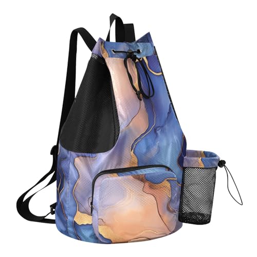 Drawstring Gym Bags For Men Women Pool Bag With Pockets Cinch Bags Waterproof Marble Royal Blue Peach - color: Color 11