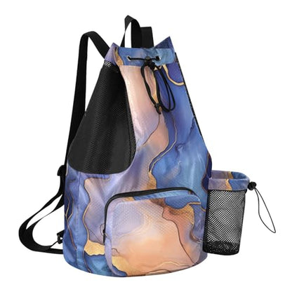 Drawstring Gym Bags For Men Women Pool Bag With Pockets Cinch Bags Waterproof Marble Royal Blue Peach - color: Color 11