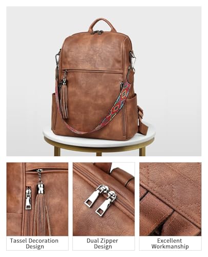 FADEON Leather Backpack Purse for Women Designer Travel Backpack Purses PU Fashion Ladies Shoulder Bag with Tassel - color: 1 Brown Retro Style
