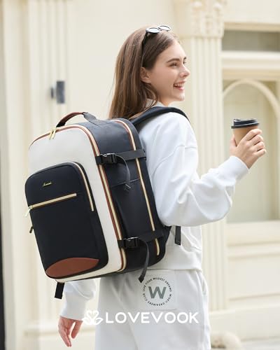 LOVEVOOK 56L Travel Backpack for Women & Men, Airline Approved Carry On Luggage with 3 Packing Cubes, TSA Overnight Bags, Waterproof Personal Item Bag, Weekender Essentials Backpacks fits 17" Laptop - color: Black-beige-brown, size: 20 Inch-56L-4Pcs
