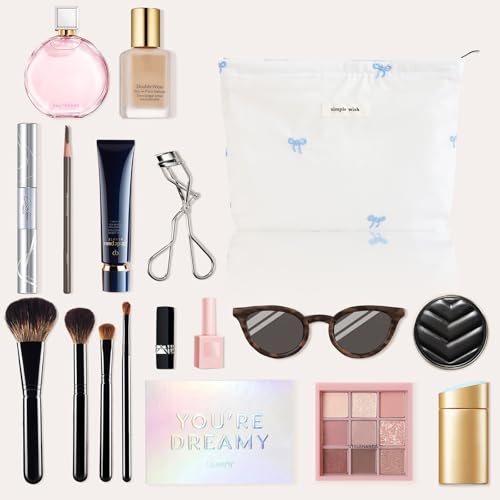 Wudygirl Cute Makeup Bag for Women - Travel Cosmetic Bag with Zipper Makeup Pouch Floral Make up Organizer Handbag Aesthetic (Blue Bow) - color: Blue Bow