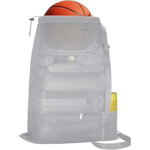 NATURAL STYLE Large Mesh Swim Beach Bag, Mesh Drawstring Gym Bag for Athletic Gym Sports Gear Workout Storge Beach Swiming (Grey) - color: Grey