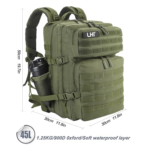 LHI Military Tactical Backpack for Men and Women 45L Army 3 Days Assault Pack Bag Large Rucksack with Molle System - Green - color: Army Green