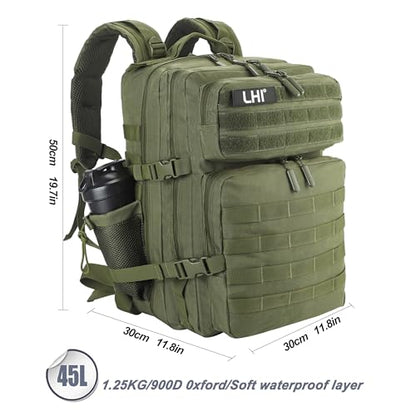 LHI Military Tactical Backpack for Men and Women 45L Army 3 Days Assault Pack Bag Large Rucksack with Molle System - Green - color: Army Green