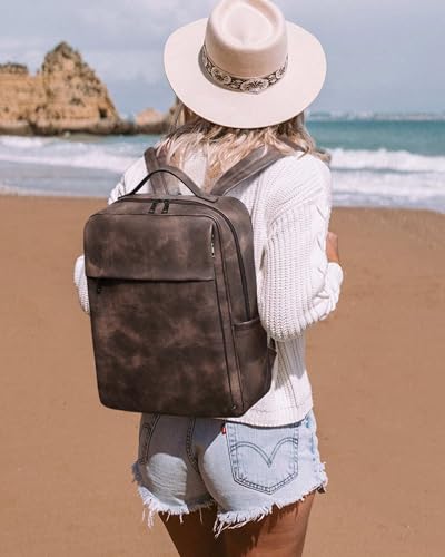 MASINTOR 15.6 inch PU Leather Laptop Backpack Purse for Women, Large College Casual Backpack Travel Bag Retro Coffee - color: Retro Coffee