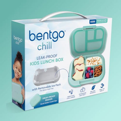 Bentgo Chill Kids Leakproof Lunch Box - 4-Compartment Bento Box with Built-In Ice Pack, 3.3 Cup Capacity, BPA-Free, Microwave & Dishwasher Safe Tray, Ages 3–7 (Aqua) - color: Aqua