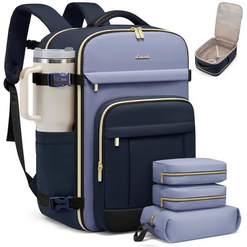 LOVEVOOK Travel Backpack for Women & Men - 17.3 Inch Carry On Backpack & Personal Item Backpack for Airlines, Spacious and Durable Design, with 3 Packing Cubes - color: Ink Blue-grey Blue-black, size: Large-40L-4Pcs
