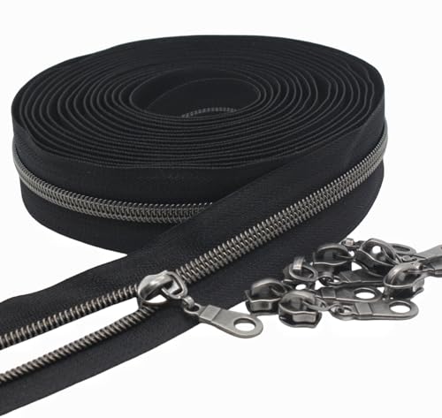MebuZip #5 Gunmetal Metallic Nylon Coil Zippers by The Yard Bulk Coil Zipper Roll 10 Yards with 25pcs Pulls for DIY Sewing Craft Bags (Black) - color: Gunmetal Black