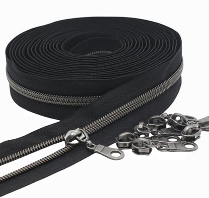 MebuZip #5 Gunmetal Metallic Nylon Coil Zippers by The Yard Bulk Coil Zipper Roll 10 Yards with 25pcs Pulls for DIY Sewing Craft Bags (Black) - color: Gunmetal Black
