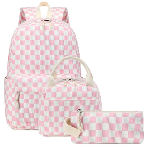 Bluboon School Backpack Set Girls Womens Laptop Bookbag Casual Daypack Fits 15 inch Laptop with Lunch Tote Bag and Pencil Bag - color: Pink Checked-3