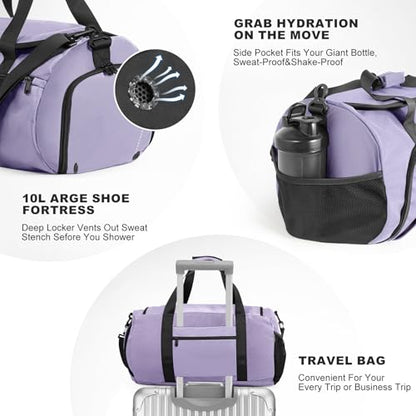 Gym Bag for Men Women, Purple | Shoe Compartment, Wet Pocket, Water Resistant, Shoulder & Messenger Bag, Weekend Overnight Travel - color: Purple