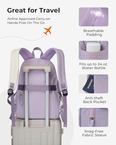 Lightweight Travel Backpack for Women, School Backpack for Teen Girls & Boys, Water-repellent Taslon Fabric, Stylish Casual Daypack for College Everyday Use, Fits 14" Laptop, Purple & Beige - color: Purple & Beige