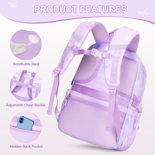 DIGOBAY 3PCS Girls Backpack for School, Kids Backpack for Girls with Lunch Bag Pencil Case, Kids Bookbag Teen Girl Backpacks for Elementary Middle High College School (Purple Tie-dye) 3+ years old - color: Purple Tie-dye